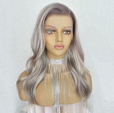 HD Lace Front Wig Human Hair Blend Highlights Wavy Curly Platinum Ash blonde