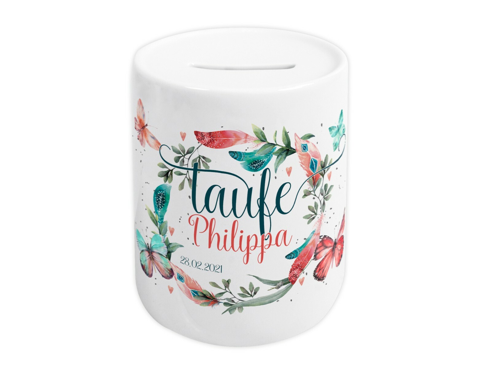 Spardose zur Taufe personalisiert, Federkranz ♥ Schmetterlinge, Geldgeschenk