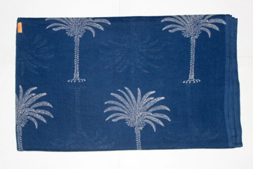Indigo Blue Palm Tree Printed Cotton Fabric, Summer Scarf and Women Dress Fabric - Picture 2 of 5