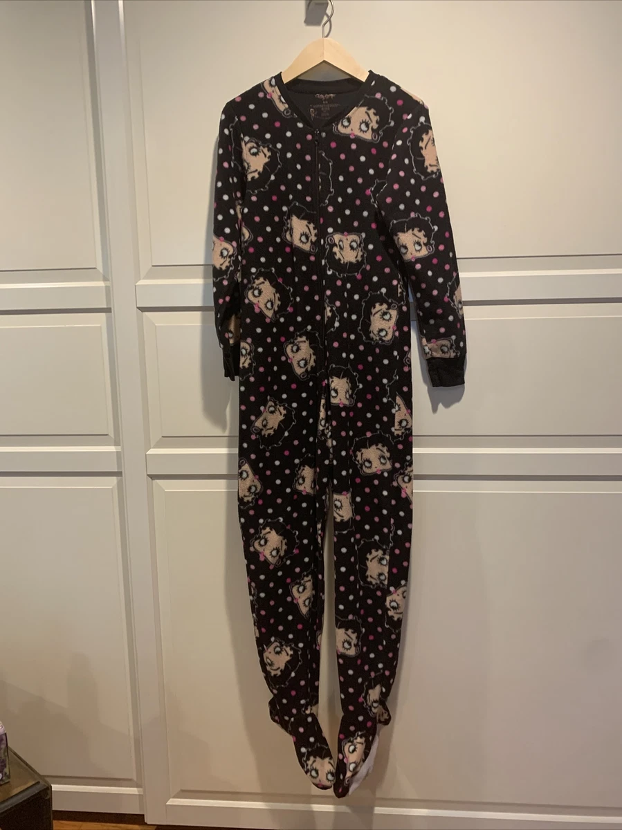 Betty Boop One Piece Footed PJs Sleepwear Pajamas Womens Zipper Black  Fleece Med