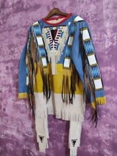 Men Native American Western Style Warrior Scalp Suede Leather Shirt Beaded