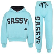 Kids Girls Tracksuit Sassy Print Aqua Hooded Crop Top & Bottom Jogging Suit