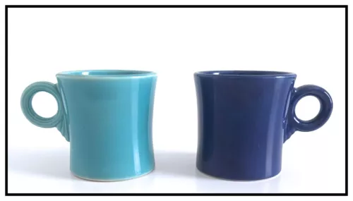 FIESTA  Two Vintage Tom & Jerry Mugs, Turquoise & Cobalt Blue, 1950's, Excellent