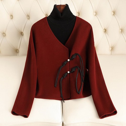 Trench cappotto donna corto doppio lato 100% lana scollo V stile cinese outwear nuovo - Foto 19 di 26