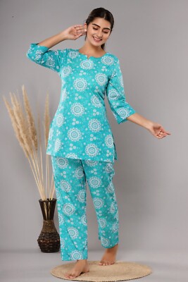 Indian Handmade Cotton Floral Women Night Suit Set Lounge WearEthnic Pajama  Set | eBay