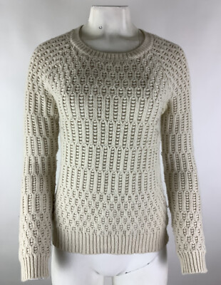 Anthropologie Sz S Bubble Knit Crewneck Sweater Cream Nylon Wool Pullover  BJ
