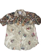 Vtg Act III USA Made Shirt Button Up Blouse African Safari Graphic Tan Women’s M