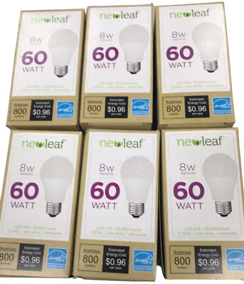 6 New Leaf LED Soft White Light Bulbs 60 watt / 8 watt replaces 60 watt