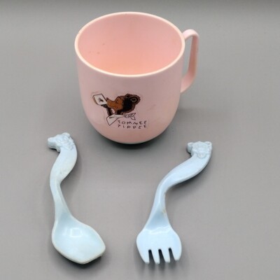 Vintage Tommee Tippee Baby Cup Weighted Bottom Handle no lid Spoon Fork Set used