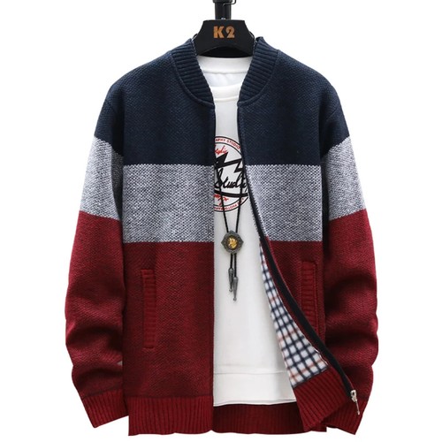 Autumn Winter Cardigan Sweater Men Fleece Zipper Sweaters Velvet Contrast - Picture 11 of 31