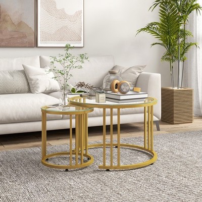 2er Set Satztische, runde Couchtische mit Hartglasplatte