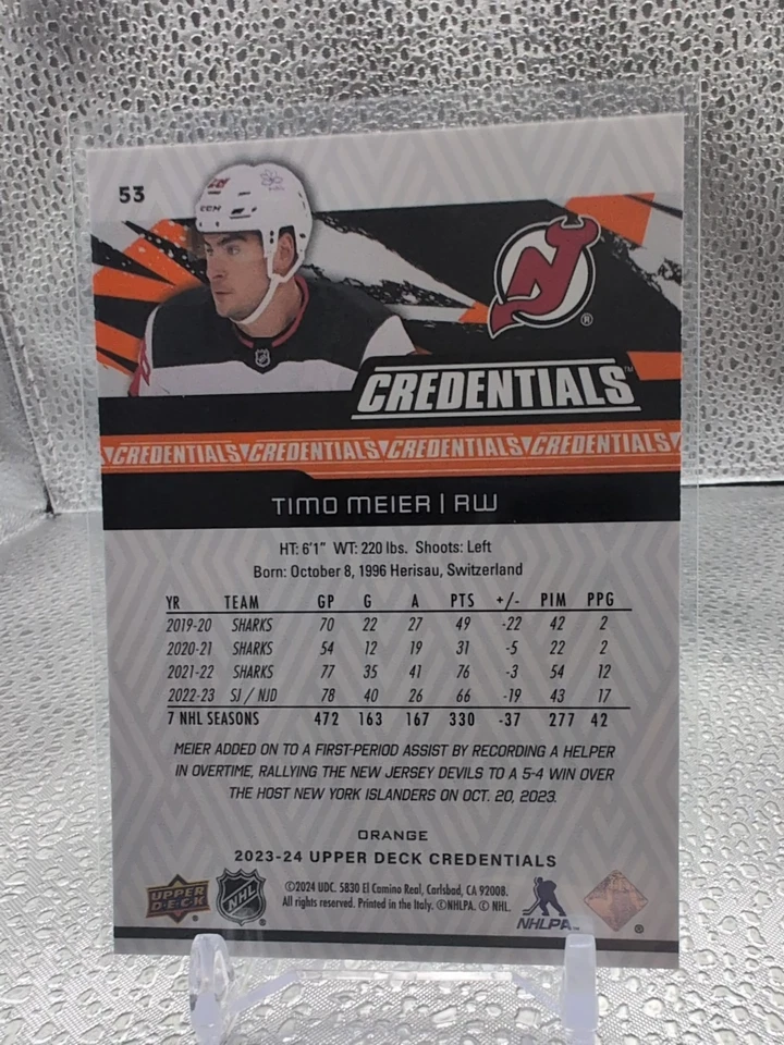 2023-24 Upper Deck Credentials Orange #53 Timo Meier 095/249 - Image 2 of 2