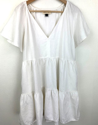Universal Thread Linen Blend Dress Size L White Tiered V-Neck Short Sleeve