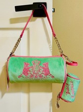 JUICY COUTURE Retro GREEN Pink SCOTTIE DOGS Velour BARREL Bag  Mini POUCH NWT