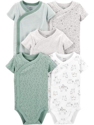 Baby 5-Pack Short-Sleeve Bodysuit, Green/Grey Forest Animals/Light Grey Heath...