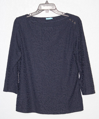 J. McLaughlin LARGE Carly Textured 3/4 Sleeve Top Blue Jacquard Emboss Leopard
