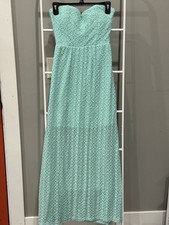 Long Lace Strapless Dress Coquette Romantic Boho Size M 7/9 Sea foam Green