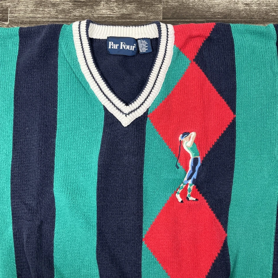 Suéter de Golf Vintage Años 90 Cuello en V Grande Colorido Par Cuatro De Colección Preppy Multicolor Foto 2 de 4
