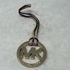 Michael Kors Gold Tone Leather Bag Charm Loop Purse Round MK Logo Hang Tag Fob