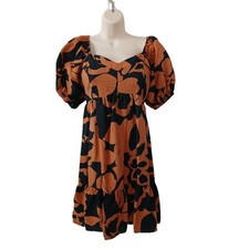 Nine West Womens Rust Black Abstract Floral Puff Sleeve Babydoll Mini Dress M