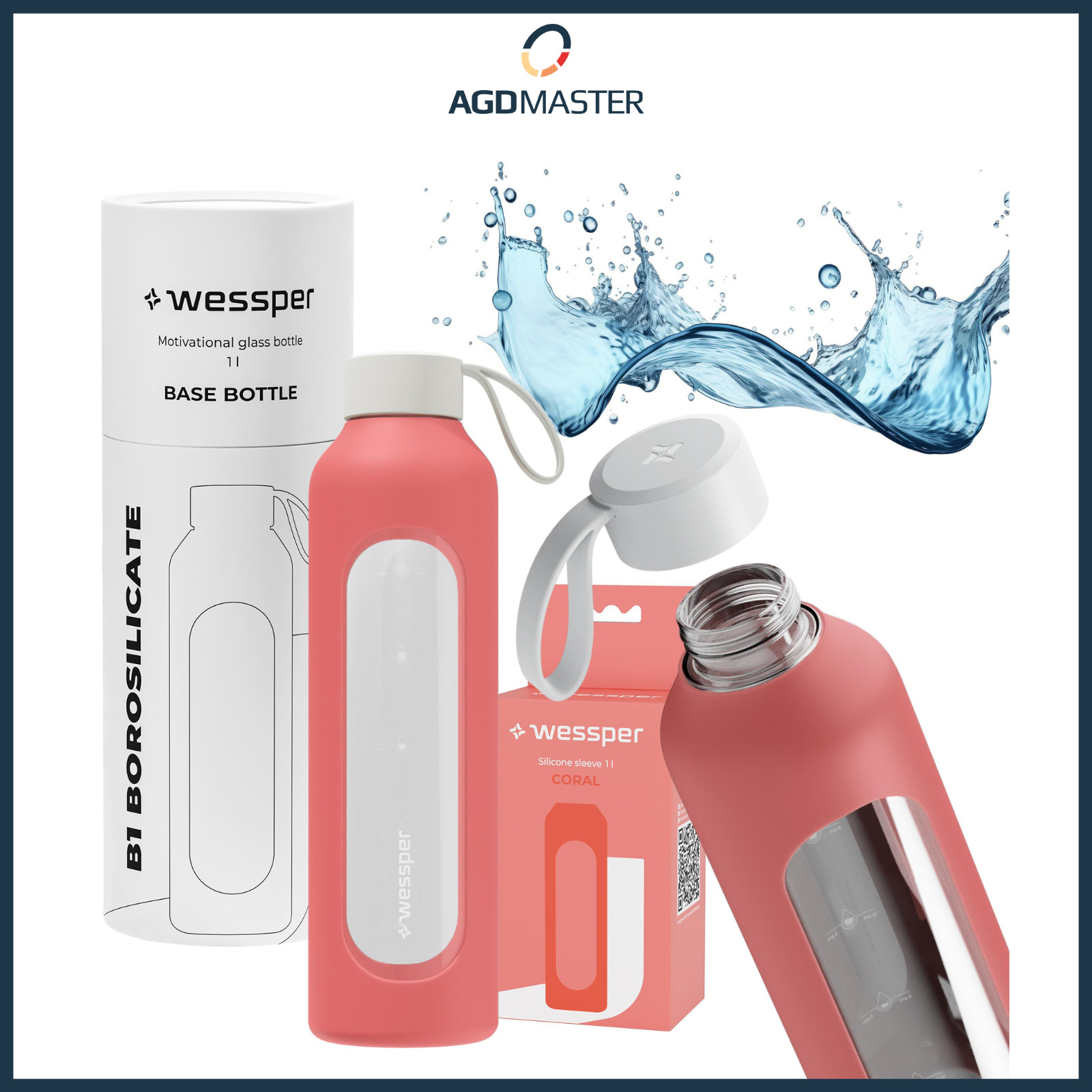 Wessper B1 BOROSILICATE Coral 1L Glass Drinking Bottle with Silicone Case,...