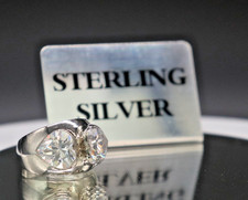 Vintage 925 Sterling Silver 2 Lg Heart Shape Cubic Zirconias Statement Ring-Sz 7