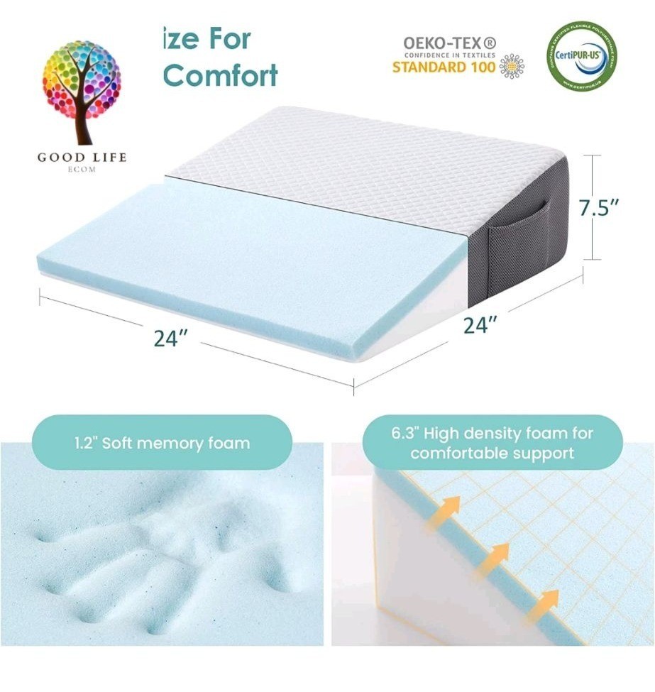 CozyMaker Memory Foam Bed Wedge Pillow 24 x 24 x 7.5" For Sleeping & Leg Support