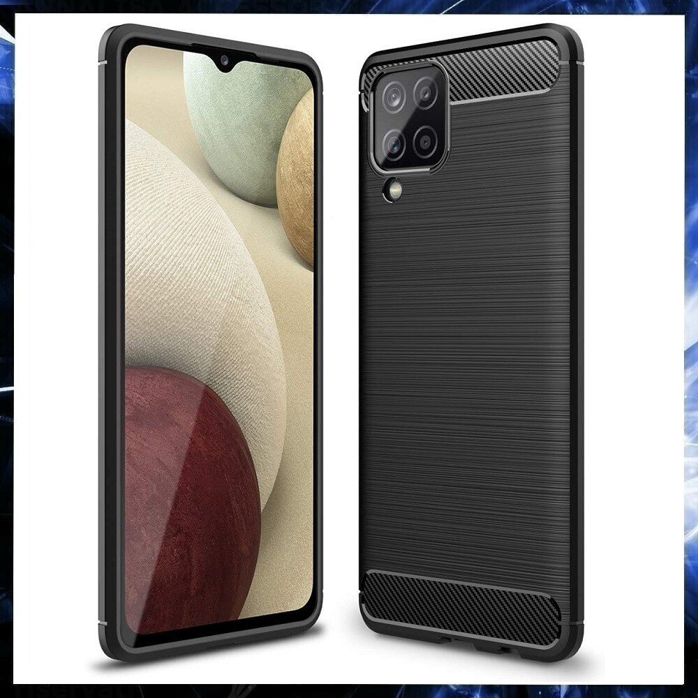 For SAMSUNG GALAXY A12 CARBON FIBER SHOCKPROOF CASE BLACK HEAVY DUTY SLIM COVER