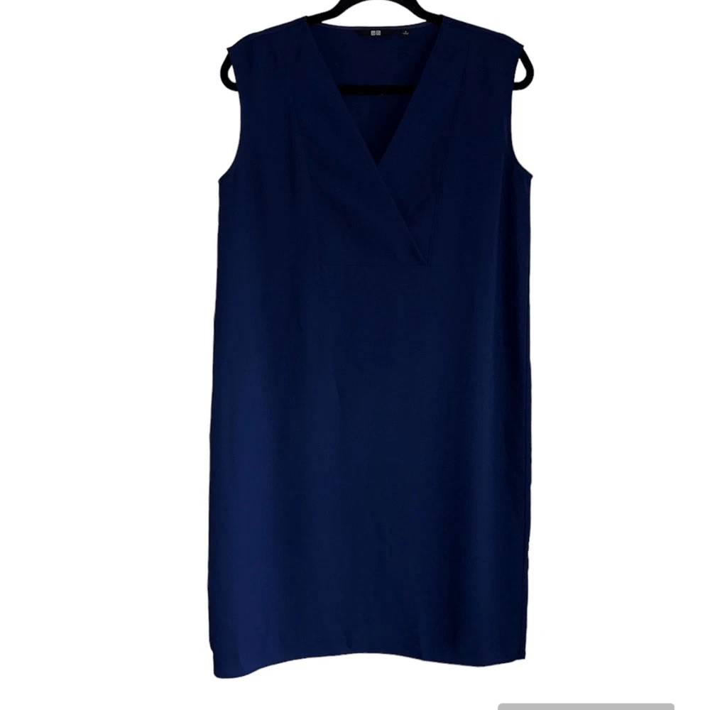 Uniqlo V Neck Drape Navy blue Dress Size small s sleeveless shift
