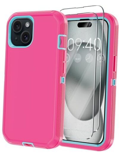 for iPhone 15 Case with 2 Screen Protector,Shockproof Drop Protection Pink-image
