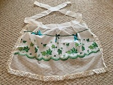VINTAGE 1950s HALF APRON SHEER WHITE GREEN LEAVES NEW NEVER WORN