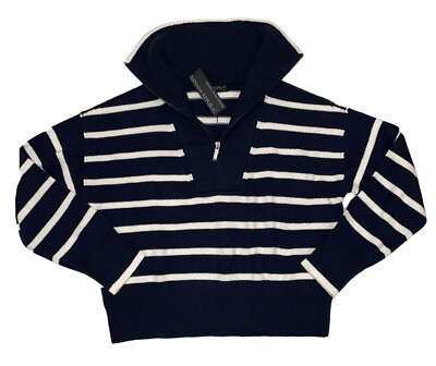 NEW $130 BANANA REPUBLIC WOMENS NAVY WHITE STAND-UP COLLAR ZIP SWEATER SZ  XL