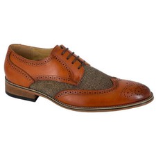 Men GOOR Tan PU/Woven Textile 4 Eye Brogue Gibson Shoe Wood Effect Resin Sole