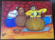 Huichol Oil Painting by Neikame Native American Women Pottery 9" x 12" Original
