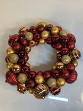 Red Gold Christmas Ornament Wreath Glittery Hanging Door Wall 11" Holiday Decor