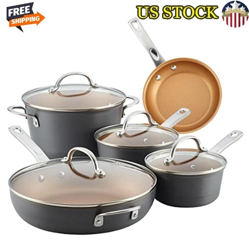 9 Piece Hard Anodized Nonstick Cookware Pots and Pans Set Aluminum Charcoal Gray