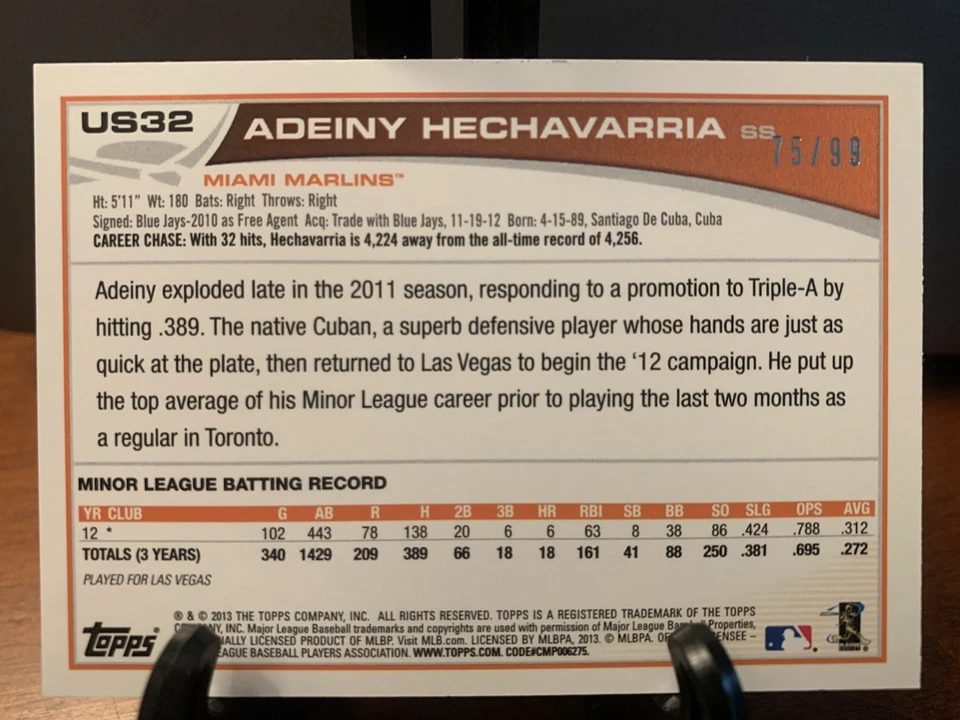 2013 Topps Update US32 Adeiny Hechavarria RC Marlins Desert Camo #’d 75/99 - Image 2 of 2