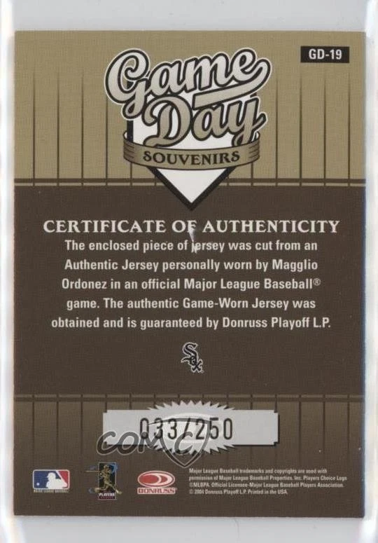 2004 Donruss Studio Game Day Souvenirs Position /250 Magglio Ordonez #GD-19 - Image 2 of 2