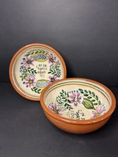 2 Vintage Hand-made/paintFloral Pottery Bowls Portugal Artist Signed 5.25”x 2.5”