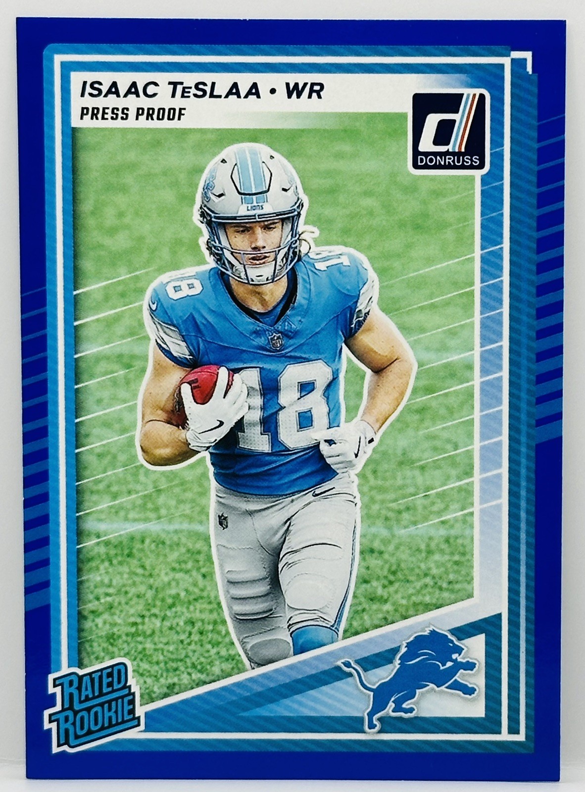 2025 Donruss RC Isaac Teslaa Blue Press Proof Detroit Lions #338