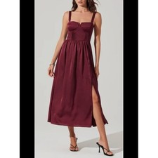 Astr The Label Pleated Bustier Midi Satin Dress, Burgundy, Size Small, NEW