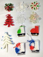 11 Vtg Needlepoint Plastic Canvas Ornaments Snowflakes Skates Christmas Trees