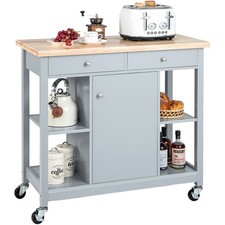 Costway Grey Rolling Kitchen Island Cart with Rubber Wood Top
