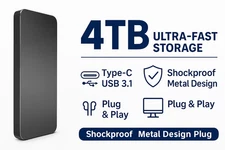 4TB External SSD Portable USB-C 3.1 Hard Drive Shockproof Slim Metal