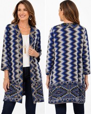 Chico  s Size 2 Blue Chevron Ikat Open Front Cardigan Jacket Gold Stud Trim Boho