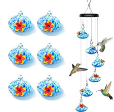 All Seasons Outdoor Hanging Blue Hand Blown Glass Hummingbird Chime Feeder