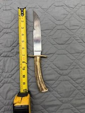 Vintage Handmade Bowie Hunting Knife Stag Antler Handle Brass Guard Fixed Blade