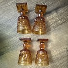 Antique Set of 4 Amber Glass Goblets Footed Stemware Starburst Pattern — photo 4