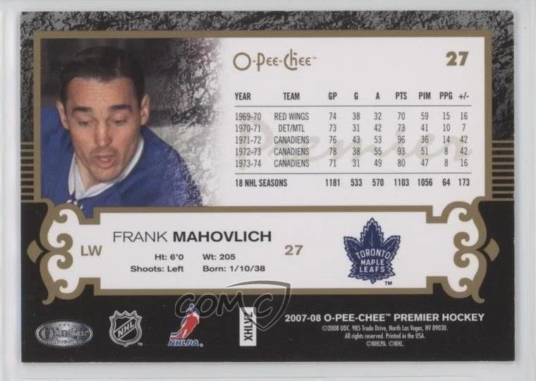 2007-08 O-Pee-Chee Premier Gold /75 Frank Mahovlich #27 HOF - Image 2 of 2