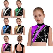 Kids Girls Vest Workout Crop Top Ballet Bra Latin Cutout Back Metallic Costume